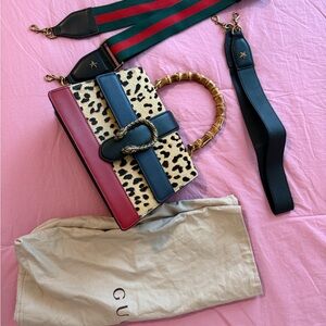 Leopard Print Handbag with Red and Blue Accents